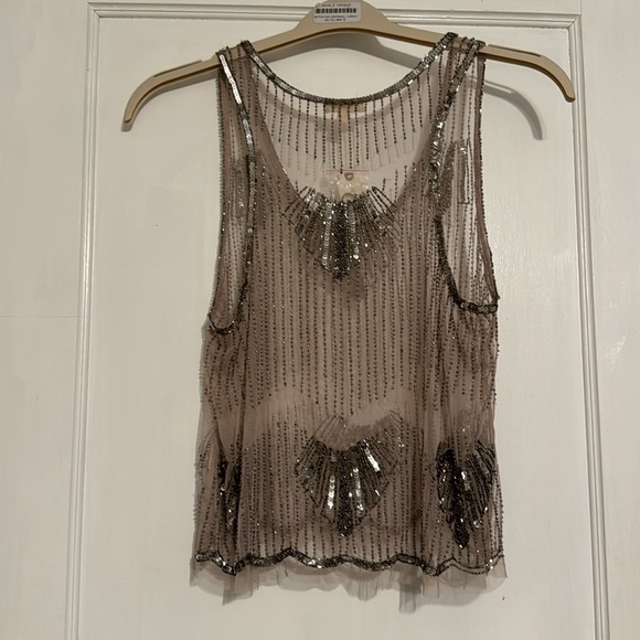 Anthro Mahila intricately beaded tank. Pink/rose with silver beads. Size L. - Picture 5 of 5